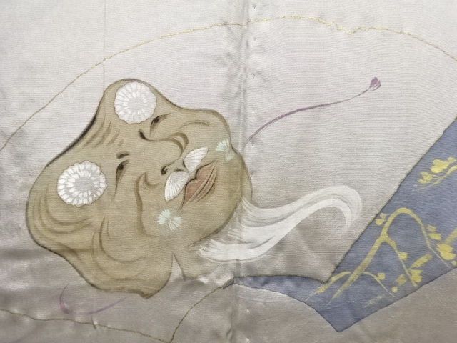 アンティーク　能面模様肩裏本場泥大島紬男物羽織